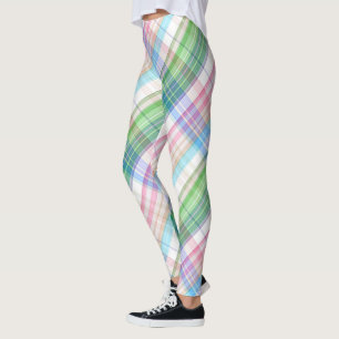 Leggings Patrón de cuadros escoceses rosa turquesa verde co
