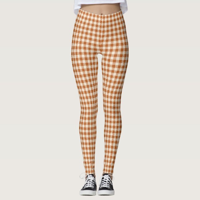 Leggings Patrón de cuadros gingham naranja quemada de otoño (Anverso)