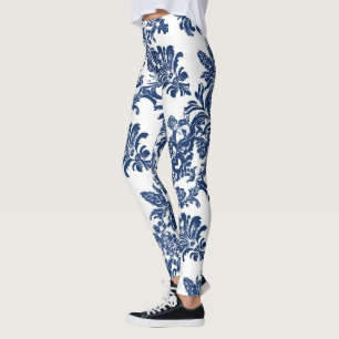 Leggings Patrón de Damasco Azul de la Marina clásica