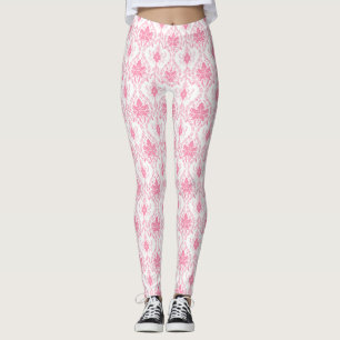 Leggings patrón de damasco blanco rosado