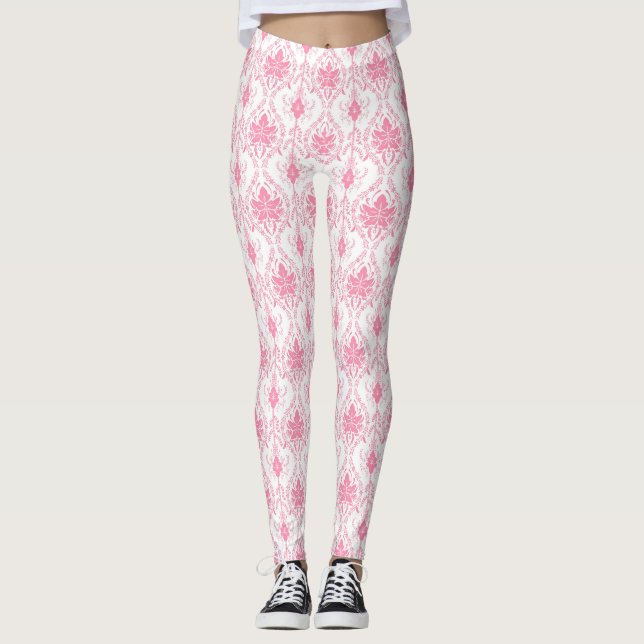 Leggings patrón de damasco blanco rosado (Anverso)