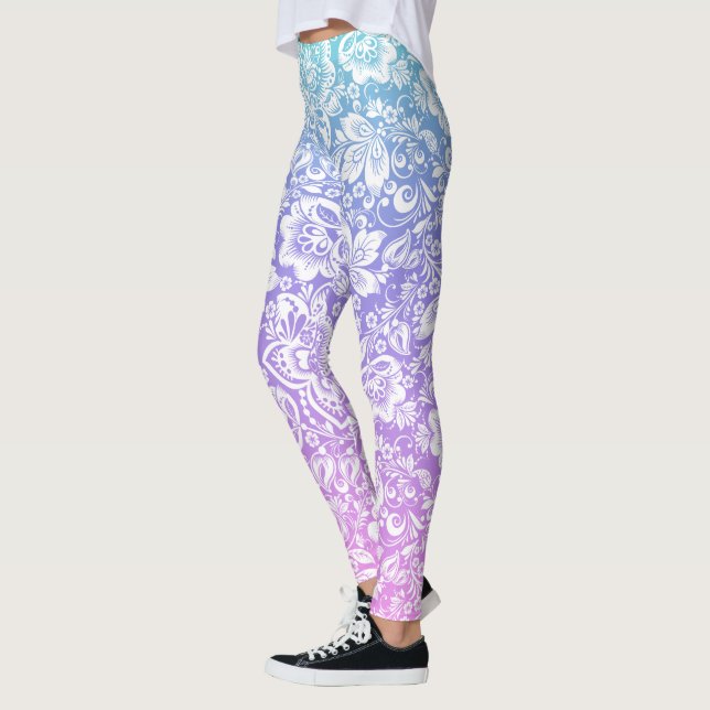 Leggings Patrón de damasco blanco sobre gradiente azul y pú (Izquierda)