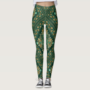 Leggings Patrón de Damasco de época - Verde de esmeralda