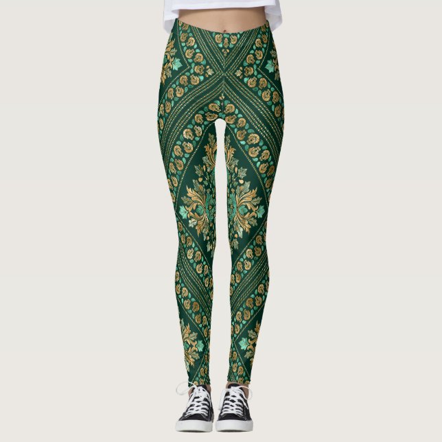 Leggings Patrón de Damasco de época - Verde de esmeralda y  (Anverso)