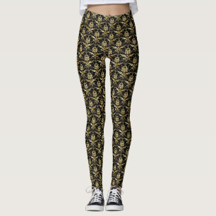 Leggings Patrón de Damasco dorado en fondo negro