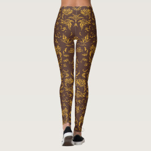 Leggings Patrón de damasco floral moderno dorado marrón