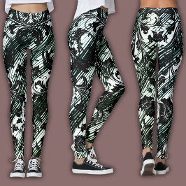 Leggings Patrón de Damasco | Negro, Blanco y Verde