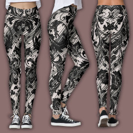 Leggings Patrón de Damasco | Negro y Beige Natural
