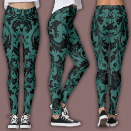 Leggings Patrón de Damasco | Negro y Verde Azulado