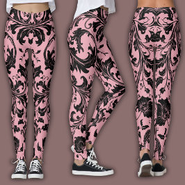 Leggings Patrón de Damasco | Rubor Negro y Rosa 