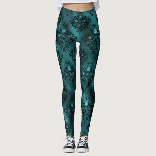 Leggings Patrón de Damasco verde azulado de Purpurina de vi (Anverso)