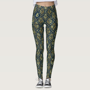 Leggings Patrón de damasquetes de cosecha dorada en azul os