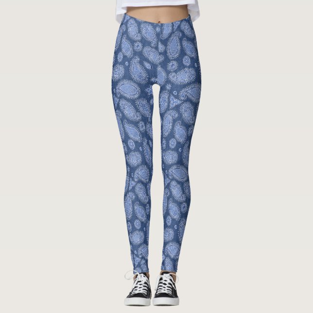 Leggings Patrón de Denim Boho Paisley Azul Faded (Anverso)