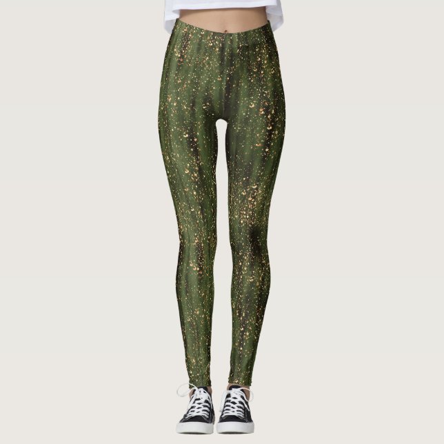 Leggings Patrón de destello de resumen verde y oro rico (Anverso)
