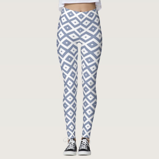 Leggings Patrón de diamante azul gris y blanco (Anverso)