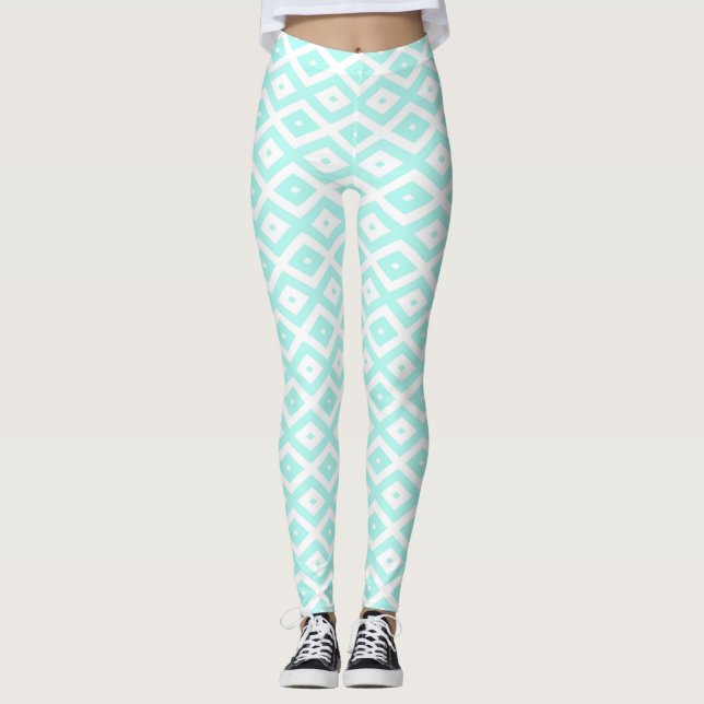 Leggings Patrón de diamante blanco y turquesa (Anverso)