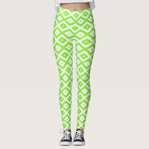 Leggings Patrón de diamante blanco y verde limón