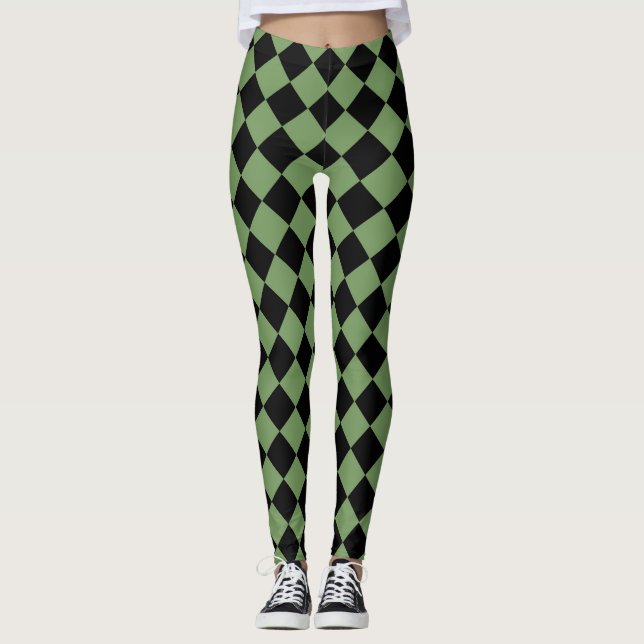 Leggings Patrón de diamante de cheques negros verdes (Anverso)