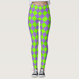 Leggings Patrón de diamante de cuadros verdes y morados