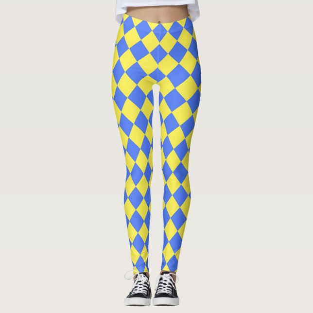 Leggings Patrón de diamante de verificador azul amarillo (Anverso)