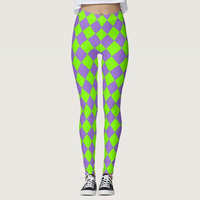 Leggings Patrón de diamante de verificador verde púrpura (Anverso)
