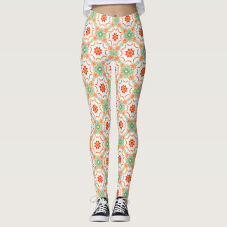 Leggings Patrón de diamante floral vibrante verde y terraco