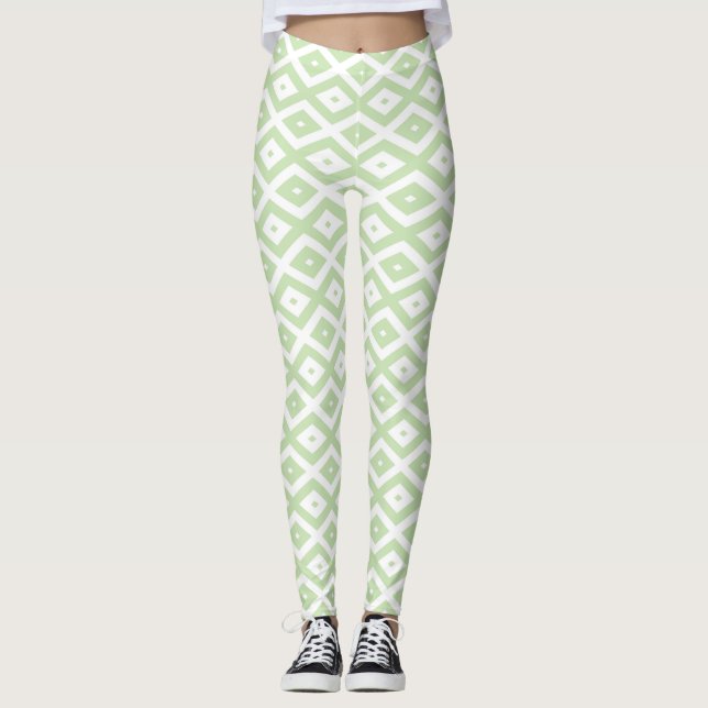Leggings Patrón de diamante verde pálido y blanco (Anverso)