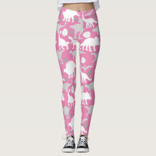 Leggings Patrón de Dino Gris L Fondo Rosa