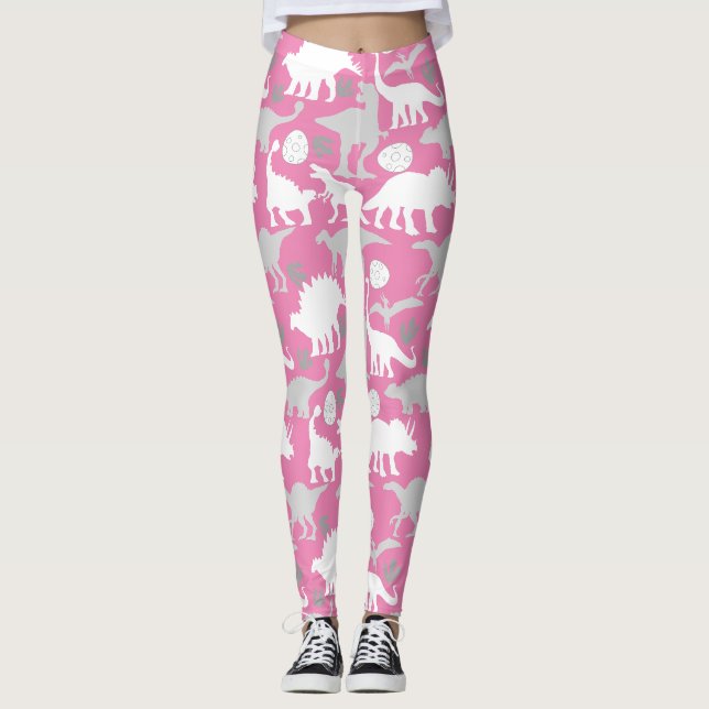 Leggings Patrón de Dino Gris L Fondo Rosa (Anverso)