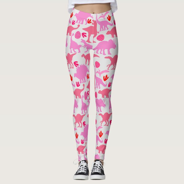 Leggings Patrón de Dino Rosa L Fondo Gris (Anverso)