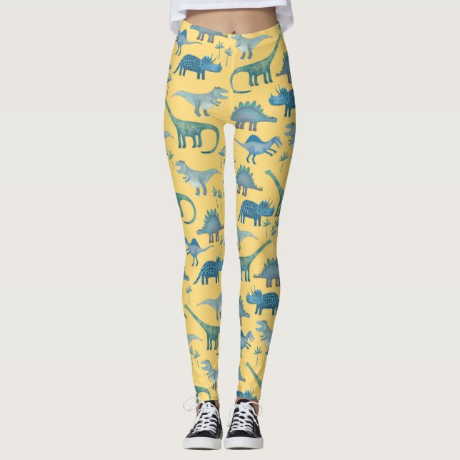 Leggings Patrón de dinosaurio corto sobre amarillo (Anverso)