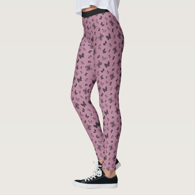 Leggings Patrón de diseño de mariposa negra púrpura de boni (Izquierda)