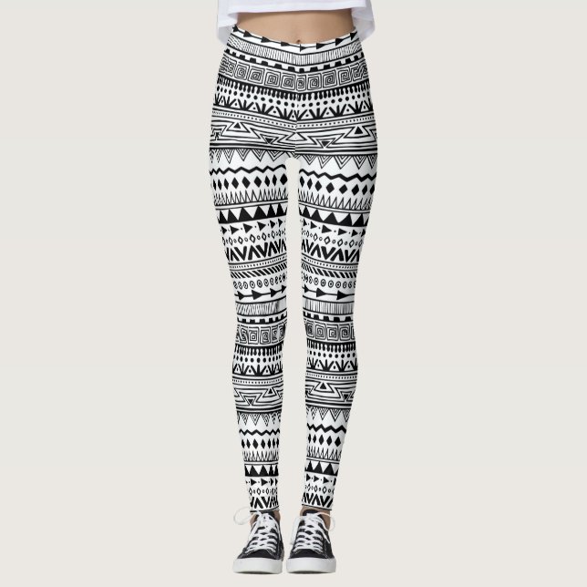 Leggings Patrón de diseño étnico blanco con negro (Anverso)