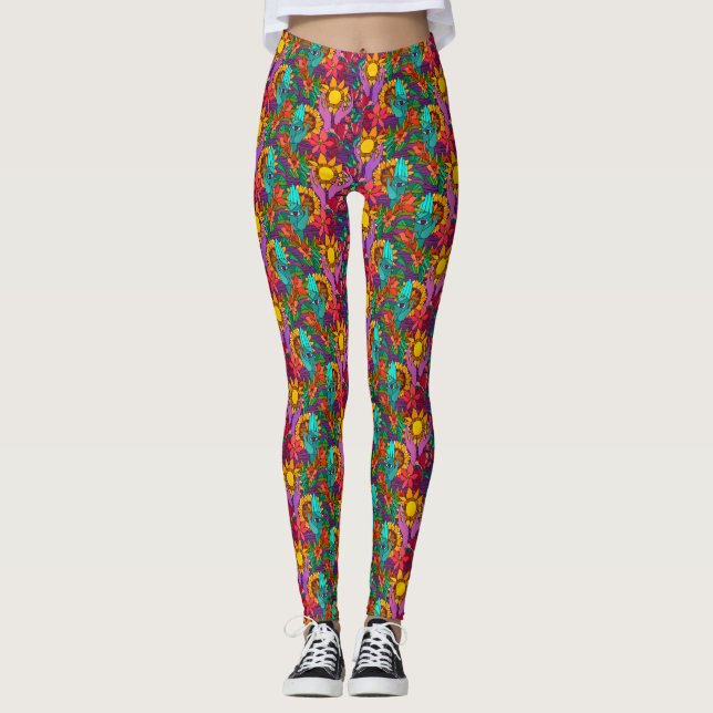 Leggings Patrón de diversión con flores y manos (Anverso)