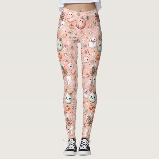 Leggings Patrón de doodle de Halloween con fantasmas y cala (Anverso)
