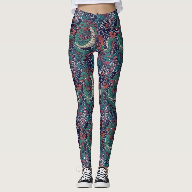 Leggings Patrón de dragón rojo verde japonés (Anverso)