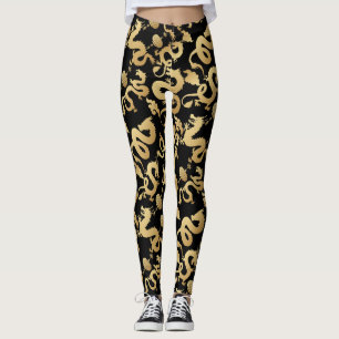 Leggings Patrón de dragones dorados BG negro