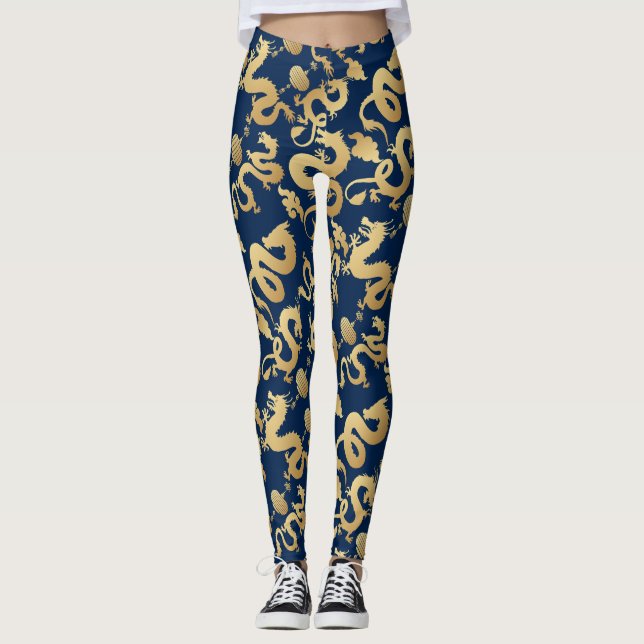 Leggings Patrón de dragones dorados D Azul BG (Anverso)