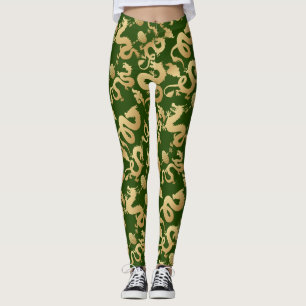 Leggings Patrón de Dragones Dorados D Fondo Verde
