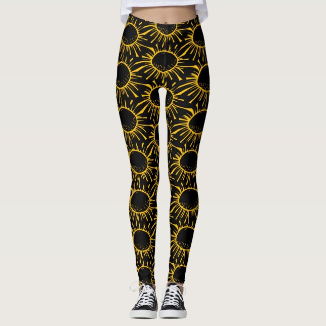 Leggings Patrón de eclipse de sol abstracto moderno negro y (Anverso)