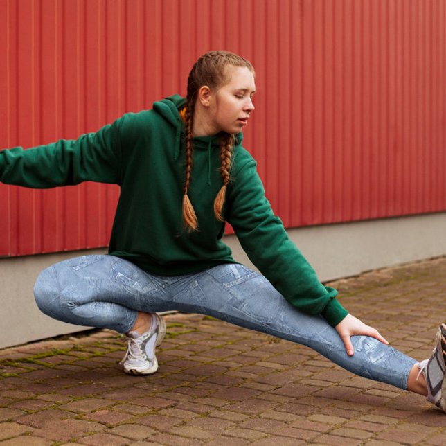 Leggings Patrón de efectos Jean Faux de Luz Azul (Trendy light blue jean faux effect pattern printed leggings, for yoga, fitness, pilates & lifestyle.)