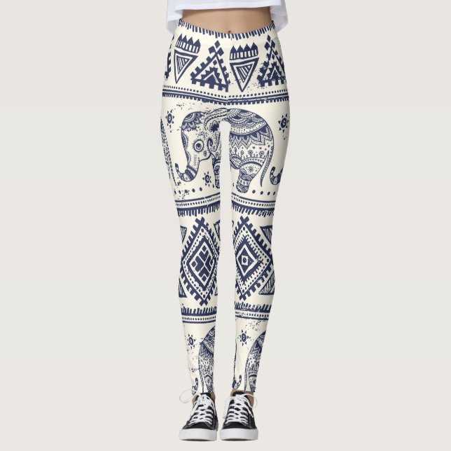 Leggings Patrón de elefantes aztecos tribales étnicos (Anverso)