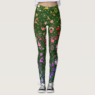 Leggings Patrón de Elemento de Navidad en Verde Arcoíris