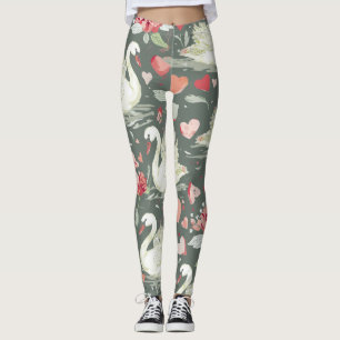 Leggings Patrón de elementos de cisnes y corazones elegante