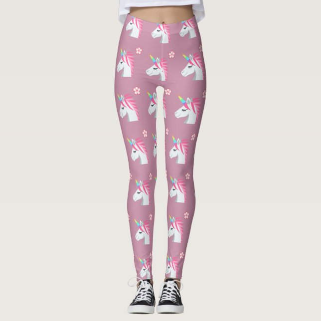 Leggings Patrón de Emoji de flores de unicornio rosado (Anverso)