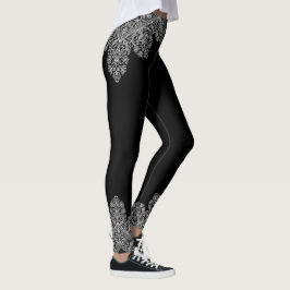 Leggings Patrón de encaje italiano de lujo blanco sobre neg