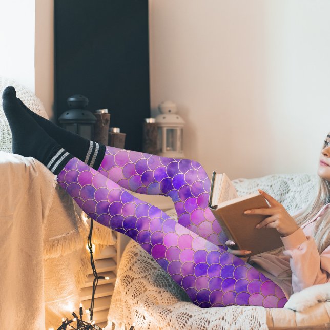 Leggings Patrón de escala de sirena ultravioleta y dorada (Violet Purple Pearlescent Mermaid Scale Pattern Leggings)