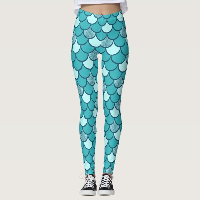Leggings Patrón de escamas de sirena turquesa con brillo (Anverso)
