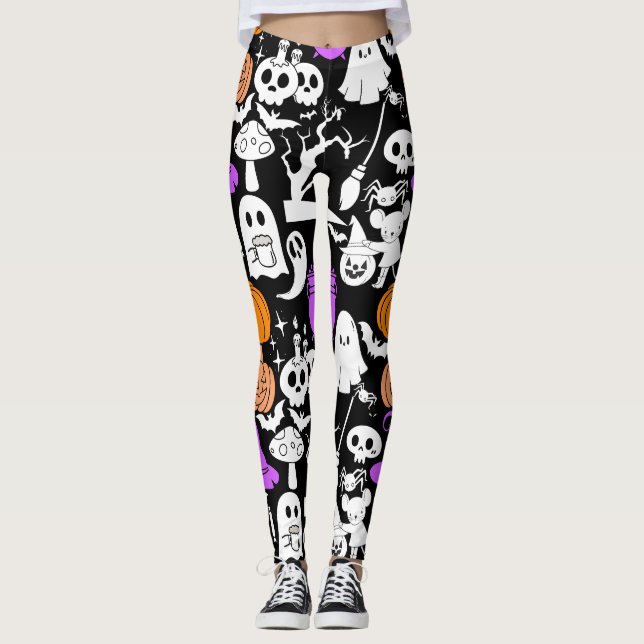 Leggings Patrón de espantosidad de Halloween 01 Black BG (Anverso)