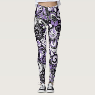 Leggings Patrón de estampado paisley blanco morado negro